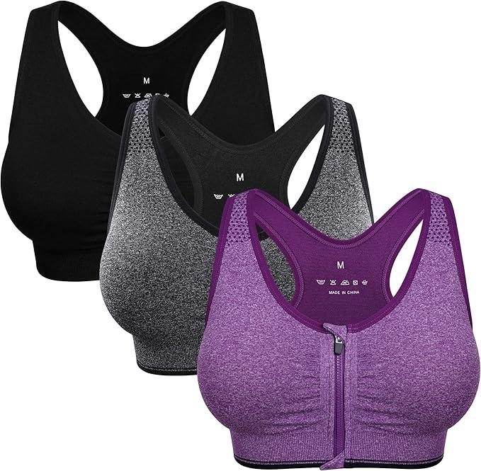 Women's Zip Front Sports Bra Wireless Post-Surgery Bra Active Yoga Sports Bras Size L