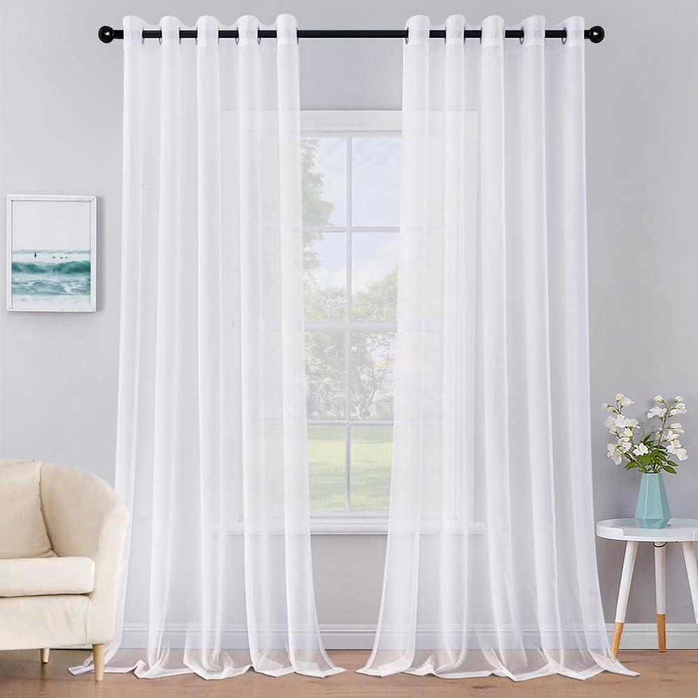 MIULEE Solid Color Sheer Curtains 96 Inches Long 2 Panels Set - Elegant Lightweight Grommet Light Filtering Window Voile Panels/Drapes/Treatment for Bedroom Living Room W70 x L96 Inch, White