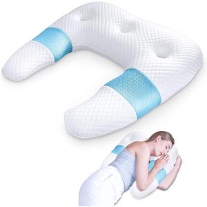 SAHEYER Side Sleeper Pillows for Adults, U Shaped Body Pillow for Pain Relief, Orthopedic Memory Foam Shoulder Pillow for Side,Stomach, Back, Arm with Removable Washable Cover (Upgraded Version), Blue (25.59x 23.93x4.72/2.36 Inch)