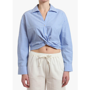 SUNNOW Women's Striped Twist Front Crop Button-Up Shirt Long Sleeve Casual Blouse Loose Fit Summer Tunic Top L