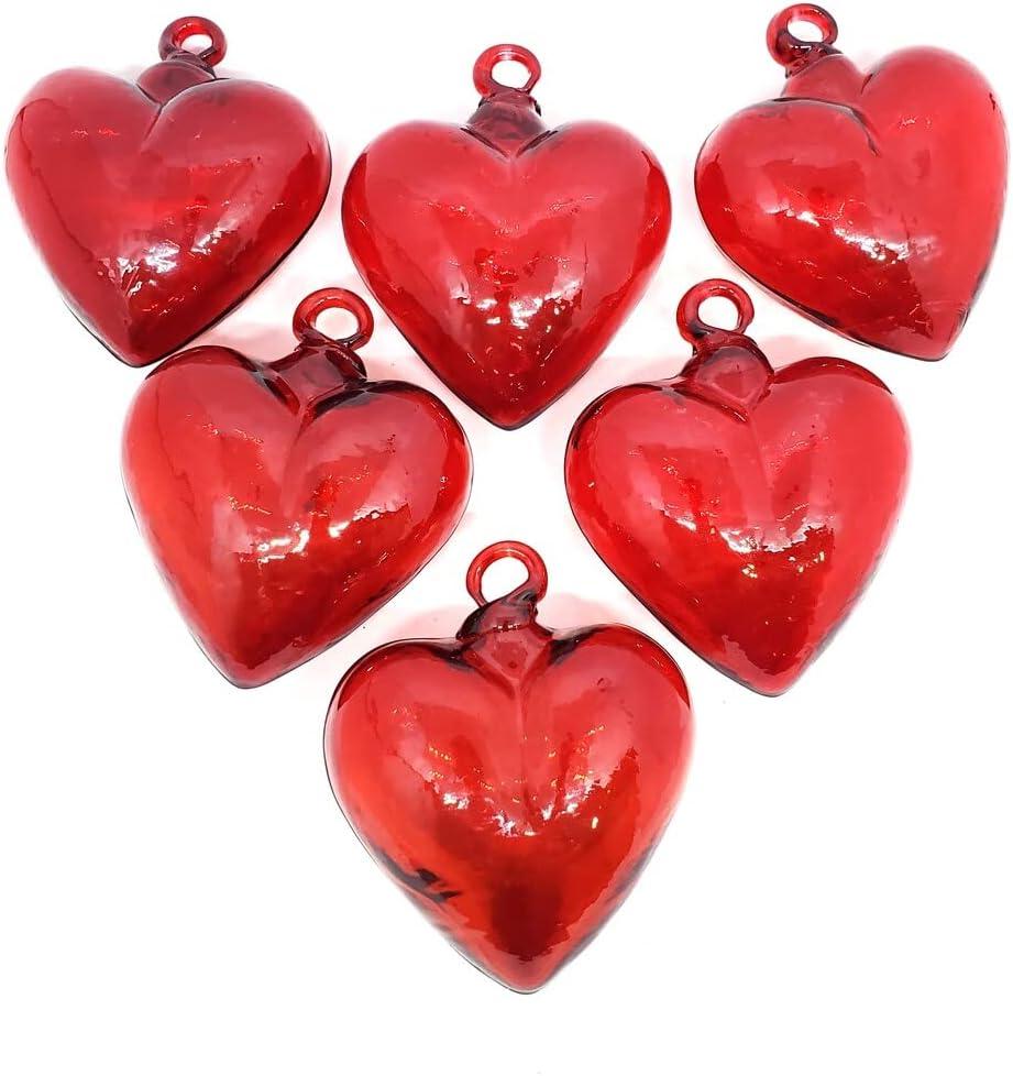 Red 3.5 inch Medium Hanging Glass Hearts (Set of 6), Recycled Blown Glass (Med Red Hearts)