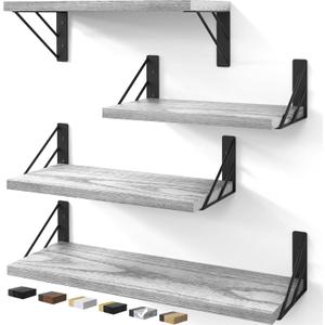 BAYKA Wall Shelves for Bedroom Decor, Floating Wall Shelves for Living Room Kitchen Storage, Wall Mounted Rustic Wood Floating Shelves for Kids Books, Corner Shelf for Bathroom(Gray WhiteSet of 4)