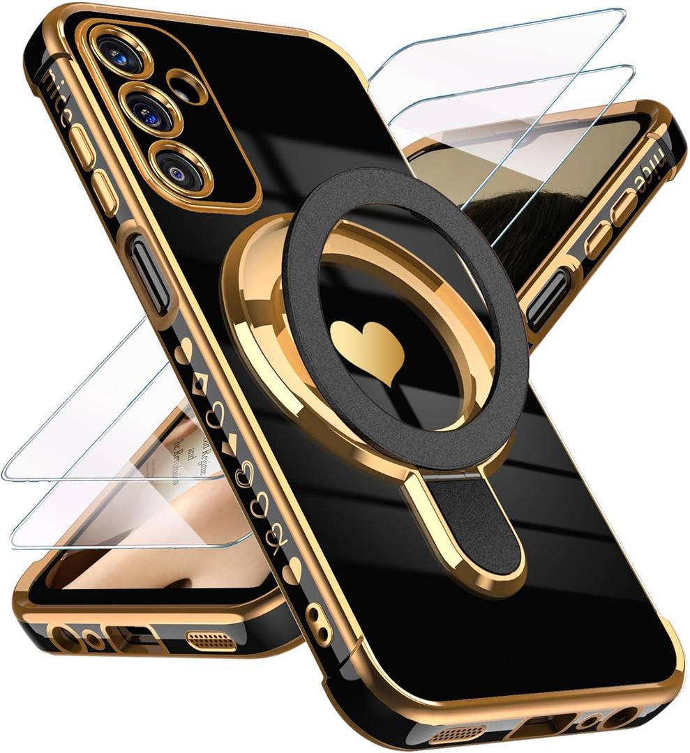 Liufcx for Samsung Galaxy A15 5G Love Heart Kickstand Case with 2X Screen Protector: Luxury Plated Gold Edge Slim Soft TPU Shockproof Protection Case Cover for Galaxy A15 (Black)