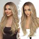 Eawwii 13x4 HD Lace Front Glueless Wigs for Women Ombre Blonde Long Layered Wave Wig Natural Hairline Heat Resistant Synthetic for Daily Use Beginner Friendly 26 Inch