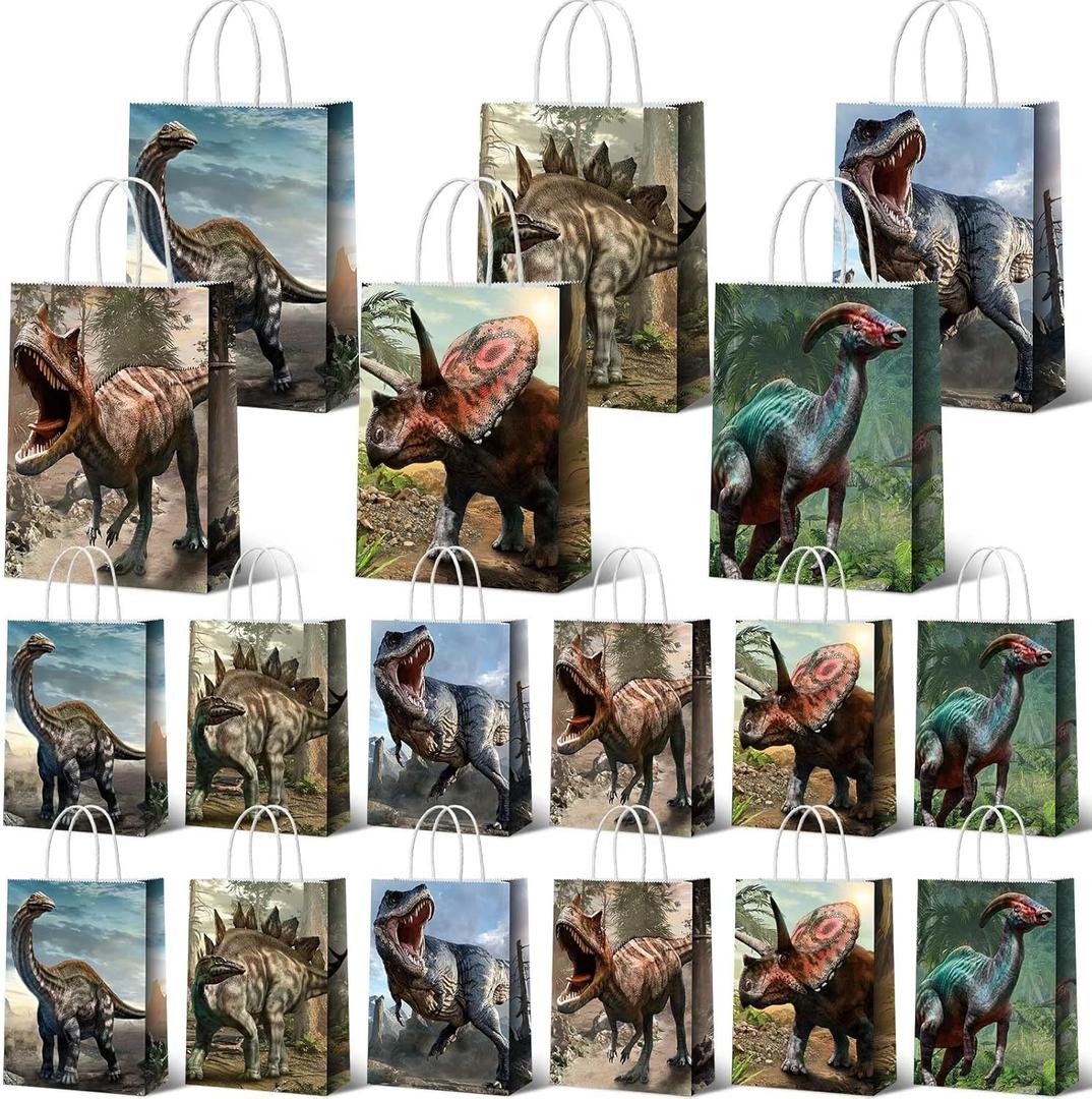 Funrous Dinosaur Gift Bags Dino Party Favor Dinosaur Treat Goodie Bags with Handles Dino Gift Package Candy Goodie Paper for Kids' Birthday Decorations Party Supplies, 8.7 x 6.3 x 3.2 In(36 Pcs)