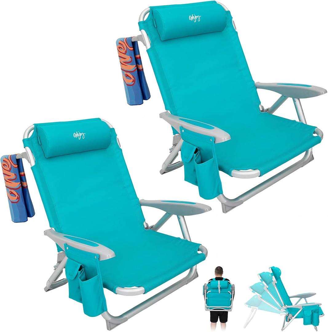 #WEJOY Beach Chair for Adults, Reclining Adjustable Position,Lay Flat Lightweight Folding Portable Aluminum Chair with Backpack Straps,Padded headrest, Heavy Duty 400 lbs Lawn Chair for Beach, 2 Pack