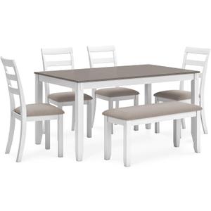 Signature Design by Ashley Stonehollow Casual Rectangular Dining Room Table Set with 4 Chairs and Bench, Set of 6, Foam Cushions, Wood, White and Gray