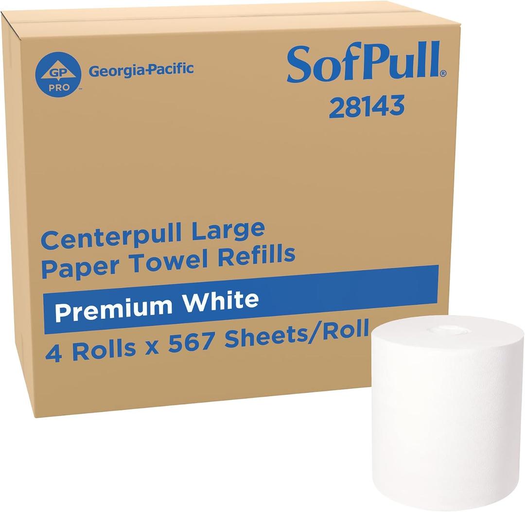 Georgia-Pacific SofPull Centerpull Large Premium Paper Towels, Commercial Bathroom Dispenser Rolls, 567 Sheets Per Roll, 4 Rolls Per Case, White, 28143, 4 Count