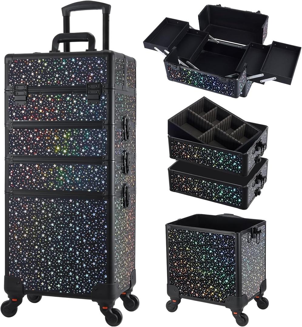 Stagiant Rolling Makeup Case Cosmetology Case on Wheels 4 in 1 Large Makeup Travel Case Nail Kits Organizer Train Case with Key Make Up Artist Salon Storage Traveling Cart Trunk Black Star