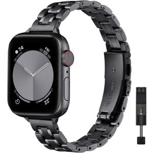 STIROLL Thin Replacement Band Compatible for Apple Watch 38mm 40mm 41mm 42mm(Series 10), Stainless Steel Metal Wristband Women for iWatch Ultra SE Series 9 8 7 6 5 4 3 2, Black