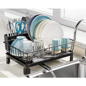 GSlife Small Dish Drying Rack for Kitchen Counter with Drainboard - Compact Dish Drainer for RV, Camper and Apartment, Rust-Resistant Wire Rack with Utensil Holder, 15"L x 10" W, Black