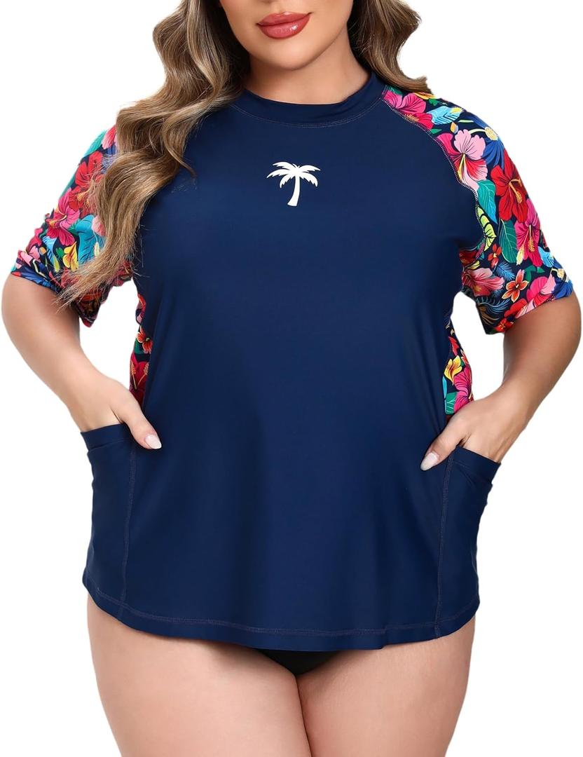 Halcurt Women Plus Size Rash Guard Short Sleeve Swim Shirt with Built in Bra UPF50+ Swimsuit Top with Pockets Navy Colorful Florals 2X
