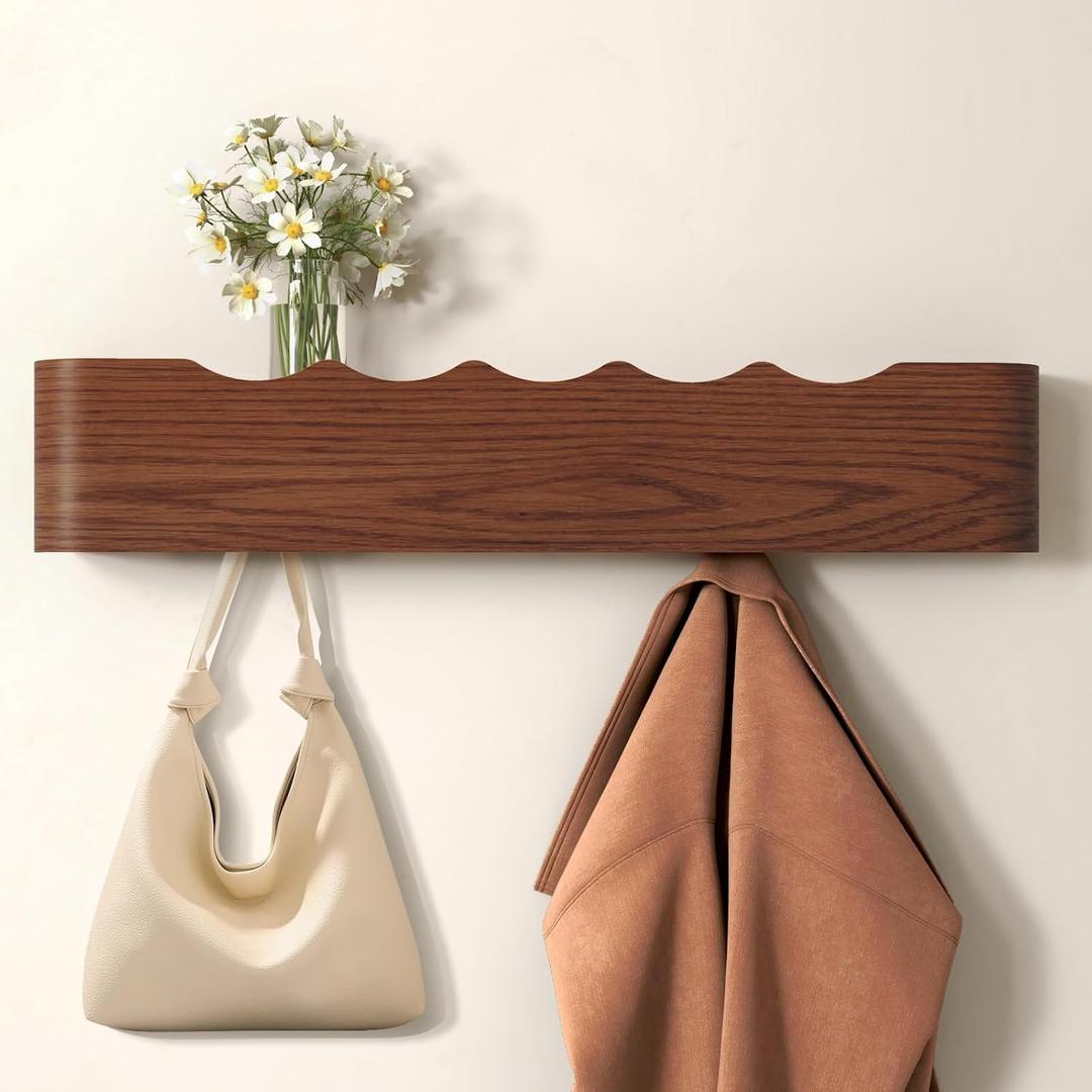 Wall Mounted Coat Rack with Shelf, Wooden Entryway Organizer with Hidden Metal Hooks for Hanging Coats Bags Keys, Modern Floating Shelf for Hallway Bathroom