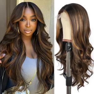 Dark Brown Synthetic Lace Front Wig 13x4 Pre Plucked Highlight Body Wave Lace Front Wigs for Women Heat Resistant Hair 22 Inch Daily Use