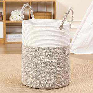 60L Large Woven Laundry Basket Hamper, 100% Natural Cotton Rope, Handwoven & Durable, Storage for Blankets, Toys, Clothes, Nursery Hamper for Living Room, Baby Room, Bedroom (Brown and White)