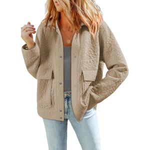 Dokotoo Jackets for Women Casual Long Sleeve Collared Jacquard Coats Trendy Button Down Shacket Jacket with Pockets (Beige, L)