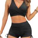 Aqua Eve Bikini with Shorts for Women - Two Piece Swimsuit with Boyshorts 2PC High Waisted Bathing Suits Swimwear (Small, Black)