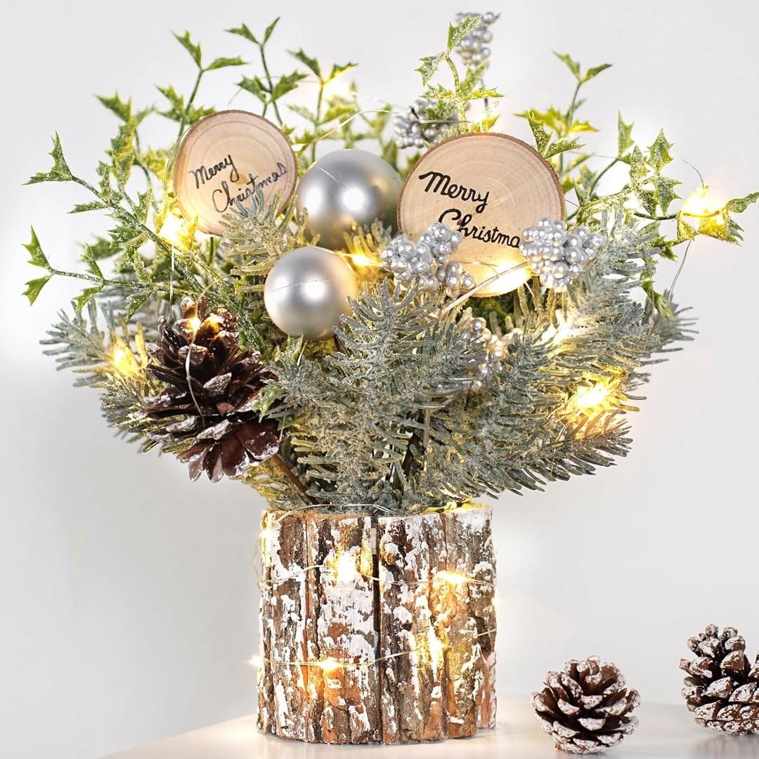 Small Table Top Christmas Tree with Lights, Mini Christmas Tree Decorations with Merry Christmas Pine Cones Berries Balls Ornaments for Home Party Office Centerpiece Indoor Decorations 12Inch, Silver
