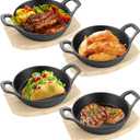 4 Sets Mini Cast Iron Skillet with Wooden Base Small Cast Iron Plates Skillet Round Fajita Plate Hot Steak Pot Dish for Kitchen Restaurant Barbecue(6.3 Inches)