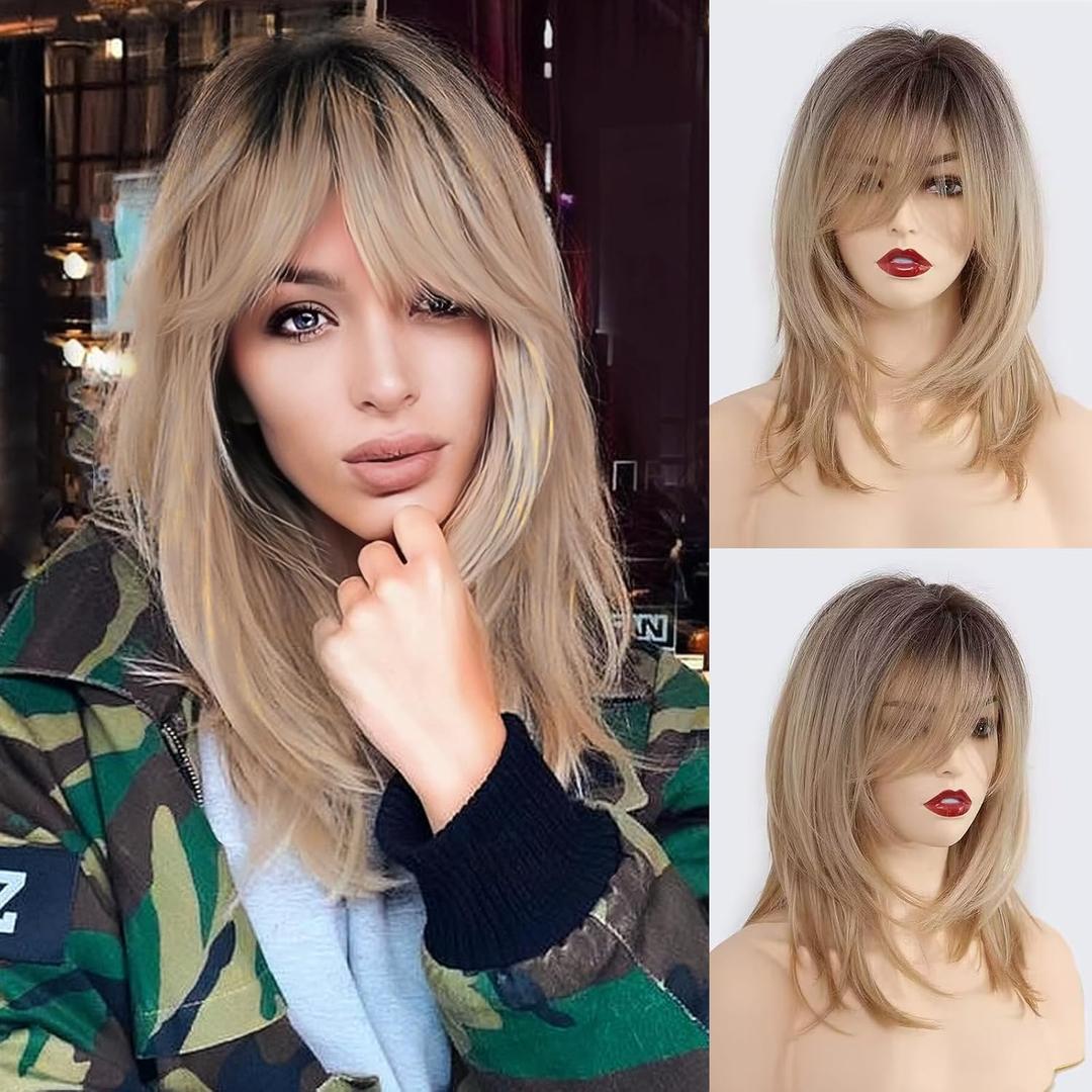 HAIRCUBE Blonde Wigs Shoulder Length Layered Wigs Long Curly Wigs for Women 18 Inch Wigs with Bangs (Ombre blonde dark rooted)