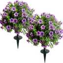 Artificial Green Plants, Artificial Purple Spherical Flowers, 23.6 inches, UV-Resistant, with Ground Anchors, Suitable for Indoor and Outdoor Garden and Home Decoration, 2 Pieces per Pack