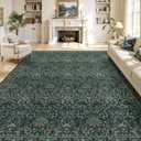 Washable 9x12 Area Rug for Living Room Bedroom Dining Room Under Kitchen Table,Non-Slip Low Pile Stain Resistant Soft Large Carpet for Vintage Floral Oriental Home Decor Dark Green/Navy/Black