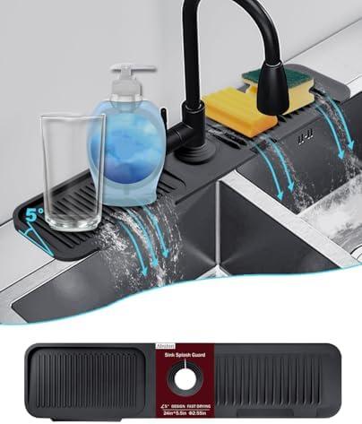 Abulun 5°slope kitchen sink splash guard-silicone faucet mat handle drip catcher tray-faucet splash guard for kitchen sink-longer black rubber sink water splash guard behind faucet