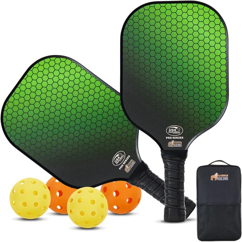 Gorilla Gear USAPA Approved Pickleball Starter Set, Fiberglass Paddles with Bag and Balls, Indoor Outdoor Court Use, Comfortable Racket Grip, Oversized Sweet Spot Pickle Ball Paddle for Men, Women (Green)