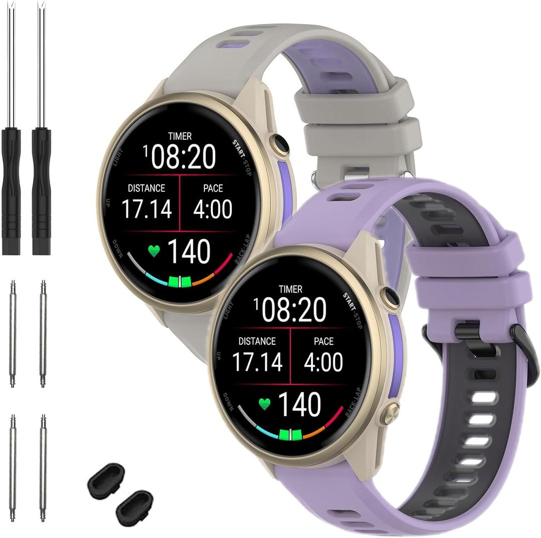 TopPerfekt Watch Band Compatible with Garmin Forerunner 970, Soft Silicone Replacement Straps Wristbands Fit for Garmin Forerunner 965/955/Descent G1 Smartwatch for Women Men (2-Grey Purple/Purple Black)