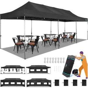 COBIZI 10x30 Heavy Duty Pop up Canopy with 8 sidewalls Party Tent for Parties Weddings Events UPF 50+ Waterproof Commercial Gazebo with Roller Bag, Black(Frame Thickened)
