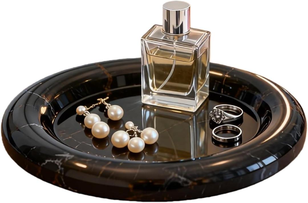 Natural Marble Round Vanity Tray Jewelry Makeup Dish Decorative Tray for Coffee Table,Bathroom,Bedroom (Portoro)