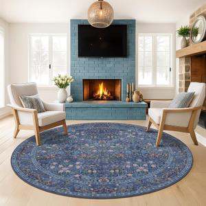 8ft Dark Blue Washable Living Room Rugs,Non Slip Big Round Area Rug for Dining Room, Non Skid with Rubber Backing, Boho Navy Blue Carpet for Bedroom Under Bed