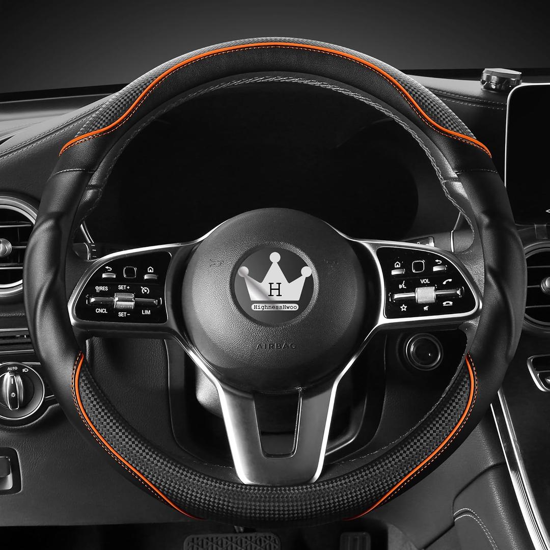 HighnessHwoo 3D Car Steering Wheel Cover Comfort Grip Massage Sporty Anti-Slip Carbon Fiber Faux Leather for Sedan SUV, Universal Fit, Car Handle Covers for All Seasons, 14.75-15.15in, Orange
