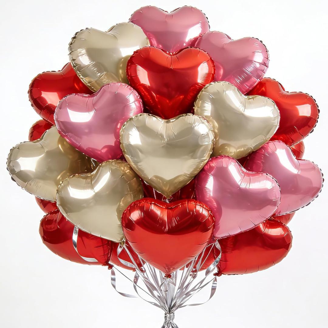 18 Inch Red & Pink & Champagne Gold Heart Balloons, 30 Pcs Heart Shaped Foil Balloons for Valentines Day, Wedding, Birthday - 10 Red, 10 Pink, 10 Champagne Gold Balloons set- Support Helium