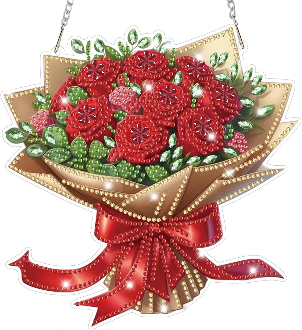 Bowetile Valentine's Day Diamond Art Hanging Kits for Adults, Diamond Art Suncatchers Red Rose Bouquet, 5D Special Shape Diamond Painting Flower Pendant Window Ornament Gifts for Home Door Wall Decor