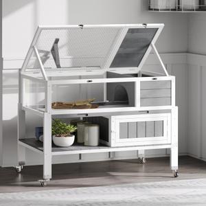 DWVO Large Tortoise Habitat with Storage Cabinet & Leakproof Tray, Tortoise Cage with Legs & Wheels, Solid Wood Openable Roof Turtle Box Enclosure w Lamp Holder, Indoor Outdoor Reptile Terrarium House