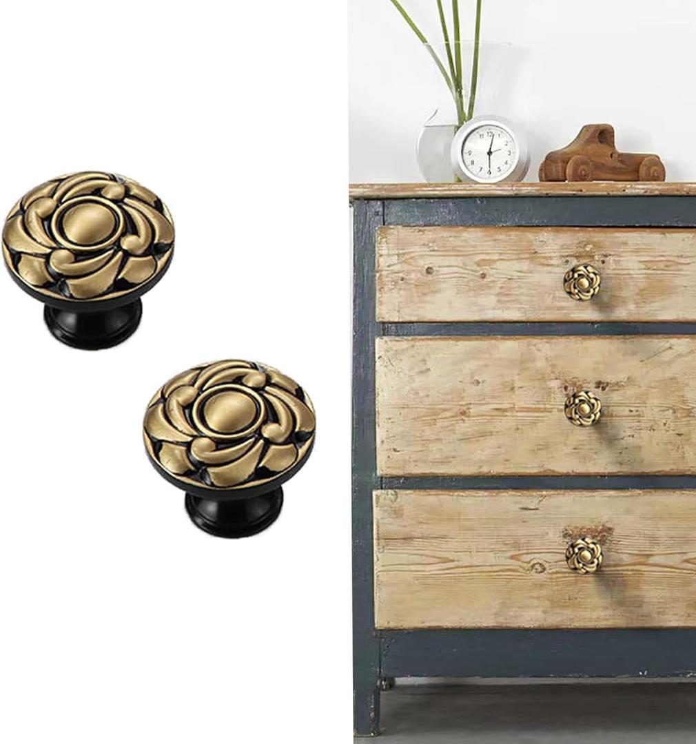 2 Pack Brass Cabinet Knobs Antique Floral Pattern Cupboard Knobs Metal Drawer Knobs Solid Brass Kitchen Hardware Black Round Knobs Handles for Cabinet Drawer Wardrobe (Single Hole, Black) (Single Hole, Black)