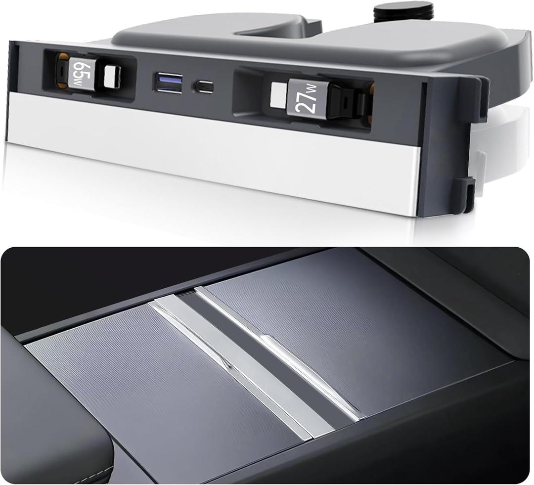 USB Hub for Tesla Model Y Juniper 2025 2026 Model 3 Highland 2024 2025 with Sliding Cover, 119W Multi Ports Fast Charger Waterproof Docking Station with Retractable Cables fit Center Console