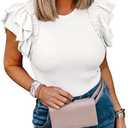 Womens Ruffle Short Sleeve Shirts Slim Fit High Neck Knit Ribbed Tops, Medium