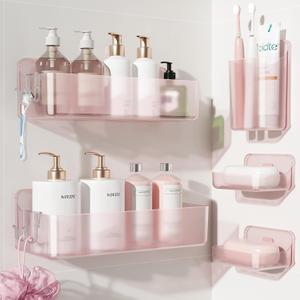 Nieifi Adhesive Shower Shelves, Pink, 5 Pieces | Rustproof ABS, Large Capacity, Removable Design, Easy-Clean, No Drilling Shower Organizer for Bathroom Storage & Home Decor, 4.1"D x 12.5"W x 3.9"H