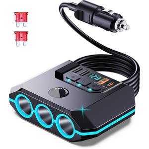 Car Cigarette Lighter Adapter Splitter, 120W, 3 Sockets+4 USB include 2 Quick Charge Ports, LED Voltmeter, Independent Switches, 30in Cable, Easy Fix and Move, Suitable for 12V-24V Vehicles.