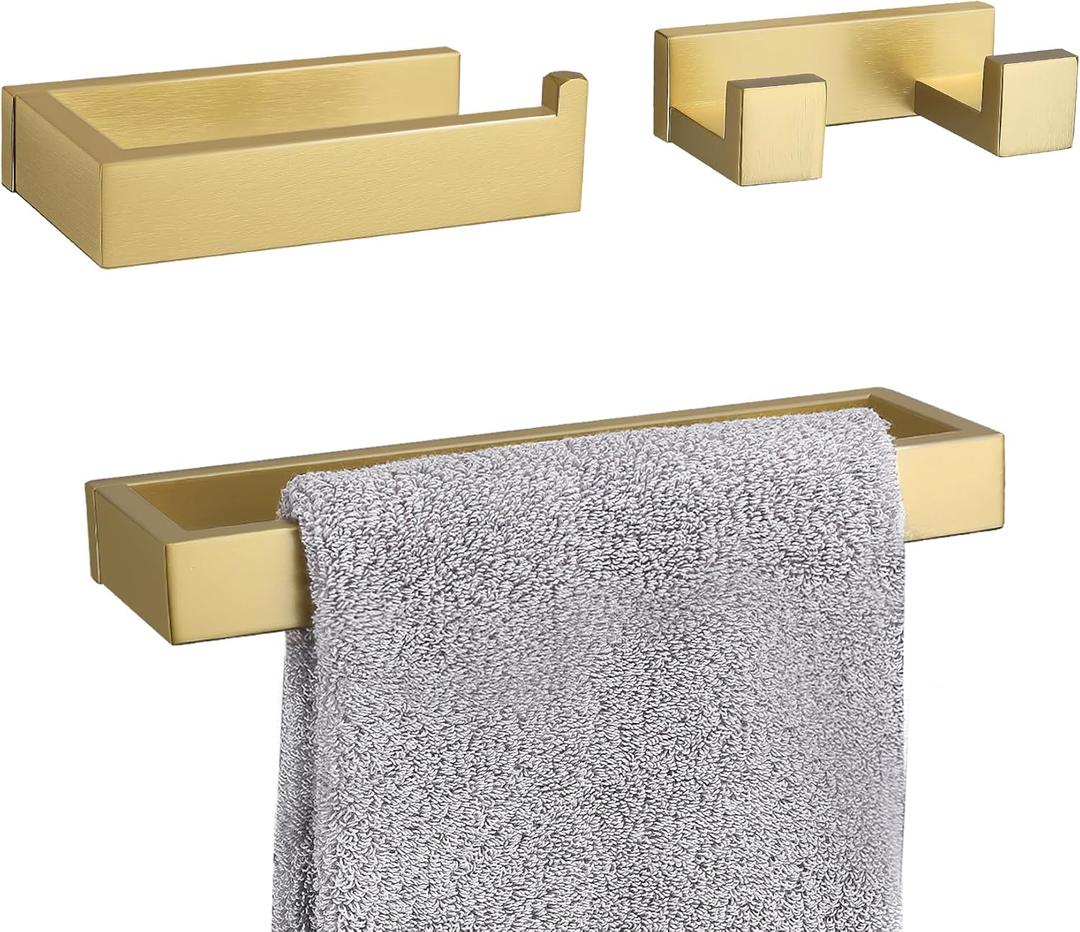 3 Pieces Brushed Gold Bathroom Hardware Accessories Set,SUS304 Stainless Steel Towel Holder Set Towel Holder Robe Hook Toilet Paper Holder Wall Mounted