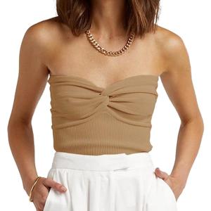 Womens Strapless Crop Top Sexy Sweetheart Neck Ribbed Knit Twisted Knot Front Scoop Underbust Sleeveless Y2K Crop Tube CamisoleTanks Top (Large, Khaki)
