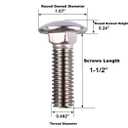 1/2-13 x 1-1/2" Carriage Bolts Screws, 18-8 Stainless Steel 304, Round Head, Square Neck, UNC Fully Machine Coarse Threaded,5Pcs