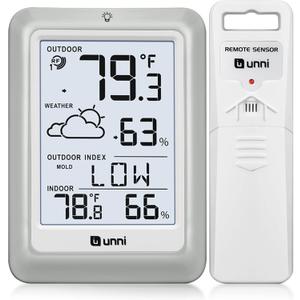 Indoor Outdoor Thermometer Hygrometer Wireless Weather Station, Temperature Humidity Monitor Battery Powered Inside Outside Thermometers with 330ft Range Remote Sensor and Backlight Display (White,Grey)