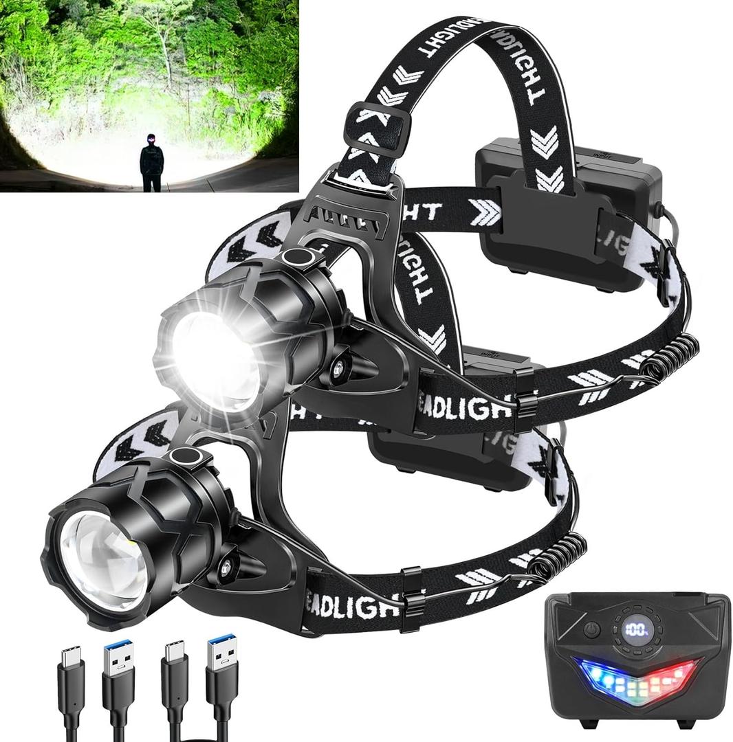 LED Headlamp FlashlightRechargeable Head Lamp 3000 Lumens Ultra BrightIPX7 Waterproof Headlamps w/ 5 Lighting Modes180  AdjustableZoomable CampingRunningHiking (2 Pack)