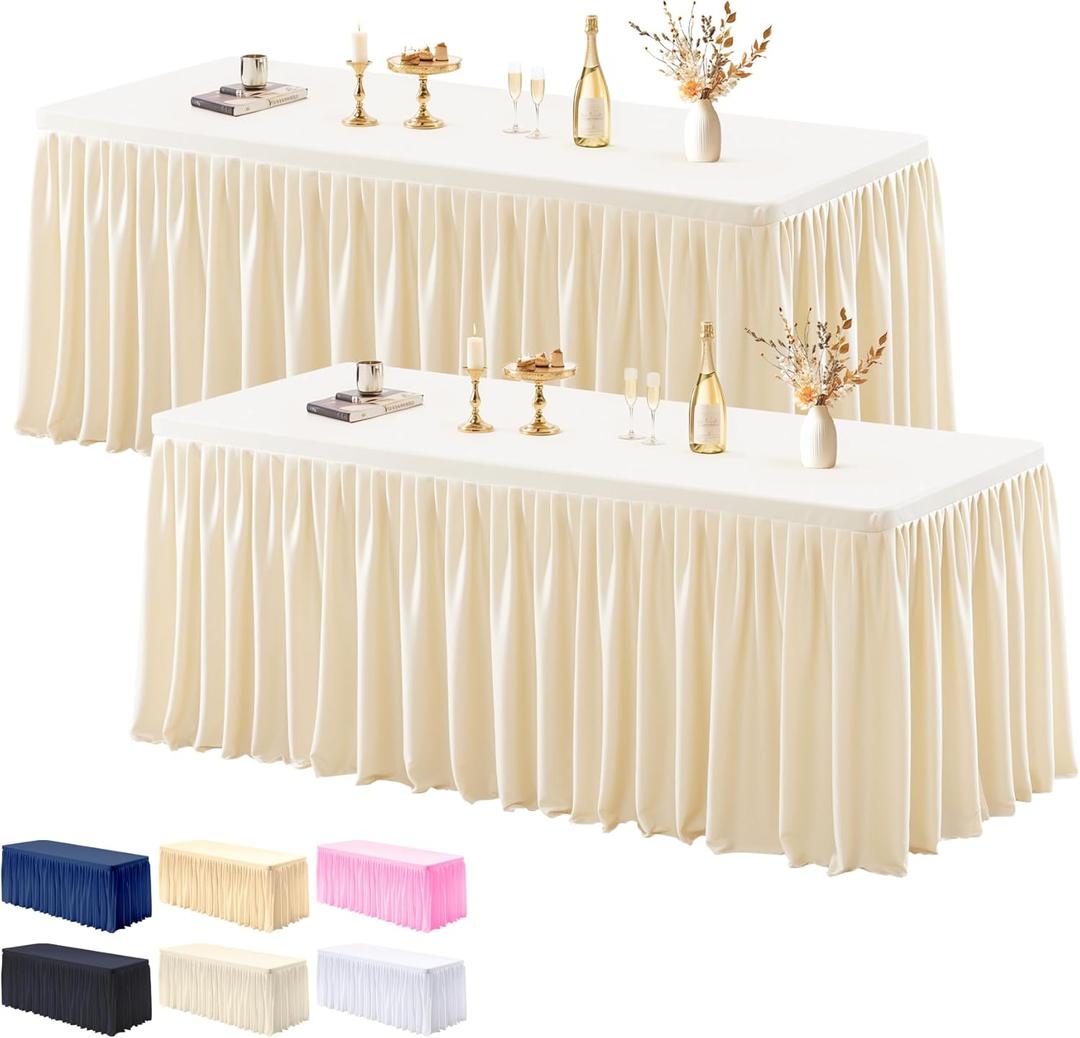 2 Pack Champagne Tablecloths for Rectangle Tables 6ft, Wrinkle Resistant Spandex Tablecover Fitted Stretch Table Cloth with Pleated Ruffle Table Skirts for Party Banquet Dining Birthday Wedding