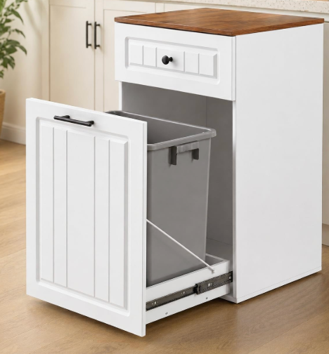 13 Gallon Pull Out Trash Can Cabinet with Storage Drawer, Wooden Kitchen Garbage Can Holder, Freestanding Modern Farmhouse Waste Bin Furniture