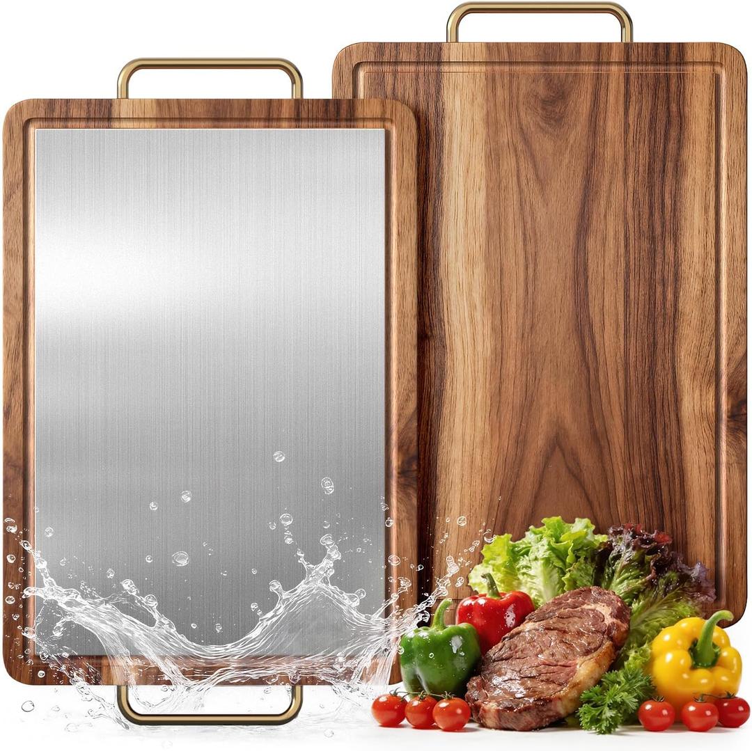 Titanium Cutting Boards for Kitchen, Reversible Acacia Wood Cutting Board, Metal Cutting Boards with Juice Groove and Handle, Versatile Board for Meat and Vegetables