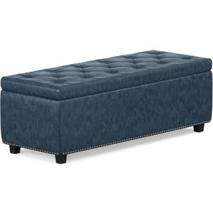 SIMPLIHOME Hamilton 48 inch Wide Traditional Rectangle Storage Ottoman in Denim Blue Vegan Faux Leather, Assembled, For the Living Room, Entryway and Family Room